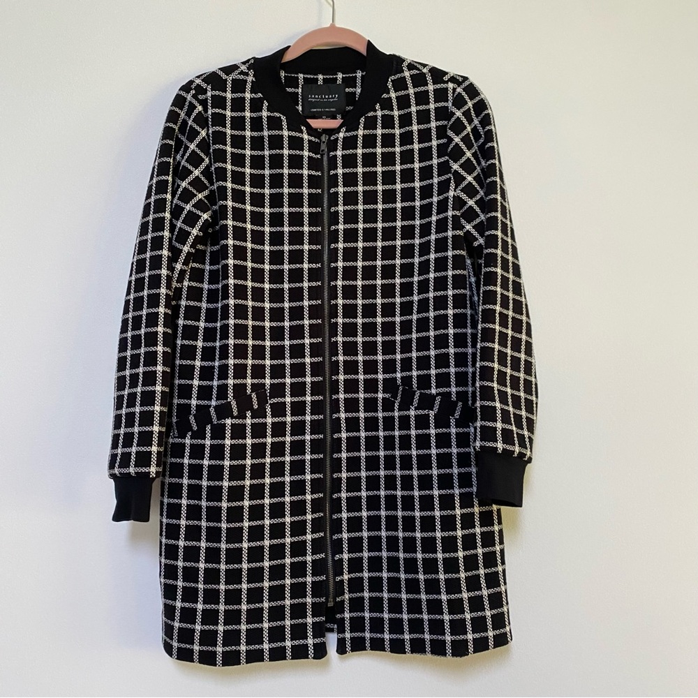 Sanctuary Long Line Grid Print Jacket Size XS Black White